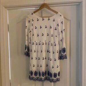 Lulus Elegant White and Blue Embroidered Dress